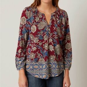 Lucky Brand Burgundy Boho Floral Paisley Peasant Henley Top | Small
